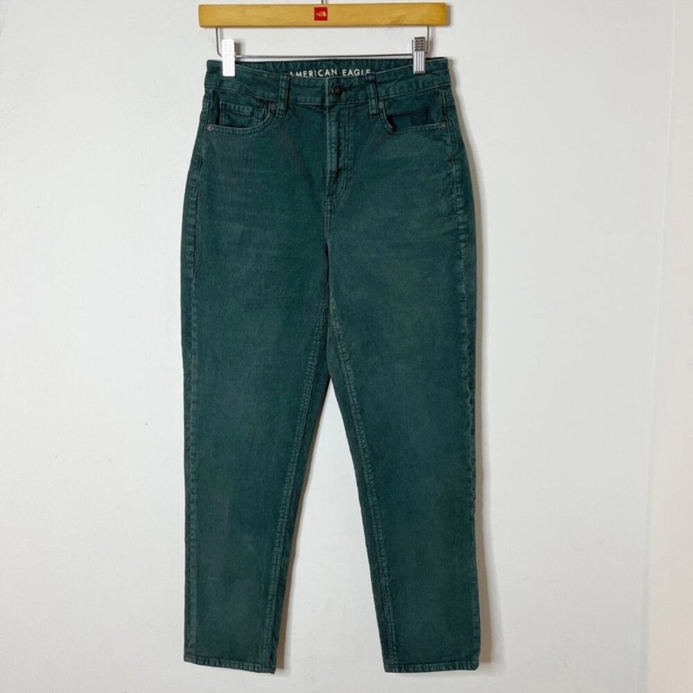 American Eagle Women's Corduroy Mom Straight Jeans Sz 2 Green Stretch High Rise - Picture 3 of 10